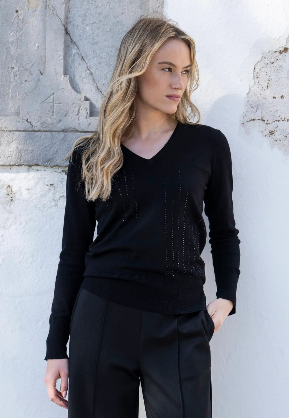 V-Neck Sweater With Crystals - Black