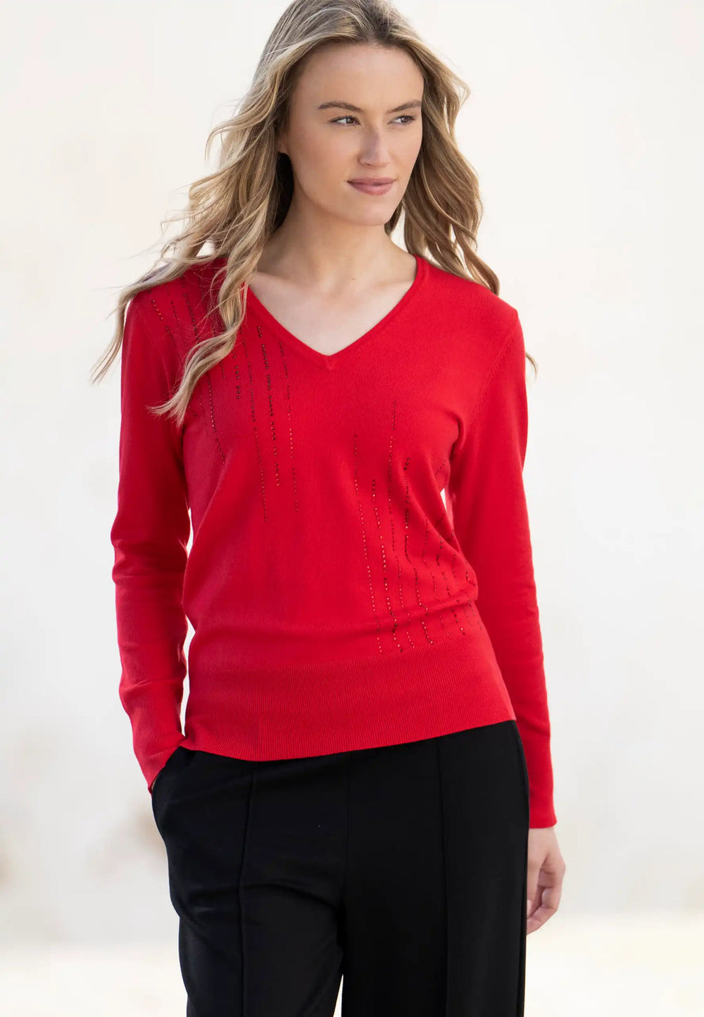 V-Neck Sweater With Crystals - Red