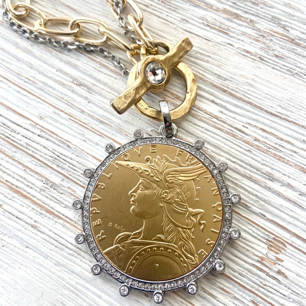 French Coin Medallion Necklace - Gold & Silver