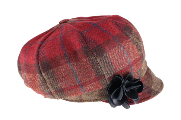 Ladies Tweed Newsboy Hat - Red & Brown Plaid
