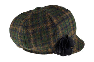 Ladies Tweed Newsboy Hat - Green, Navy & Brown Check