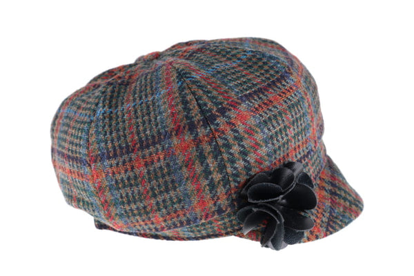 Ladies Tweed Newsboy Hat - Red, Navy & Brown Houndstooth