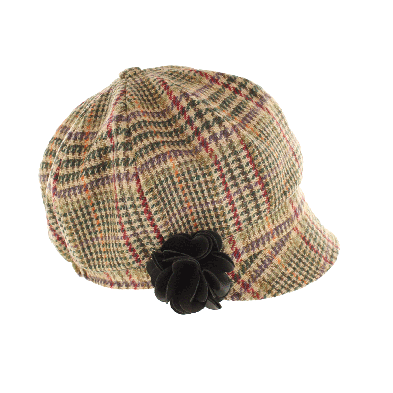 Ladies Tweed Newsboy Hat - Camel Houndstooth