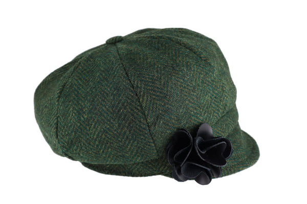 Ladies Tweed Newsboy Hat - Green Herringbone