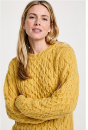 Omey Ladies Cable & Weave Aran Crew - Sunshine
