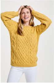 Omey Ladies Cable & Weave Aran Crew - Sunshine