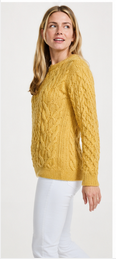 Omey Ladies Cable & Weave Aran Crew - Sunshine