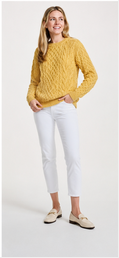 Omey Ladies Cable & Weave Aran Crew - Sunshine