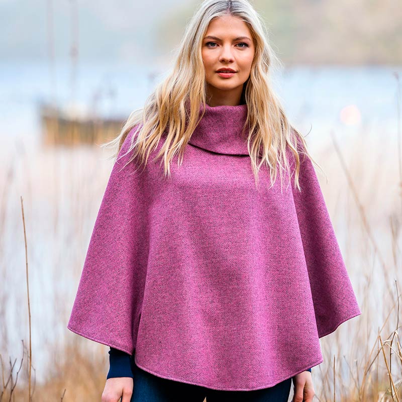 Irish Tweed Poncho - Pink Herringbone