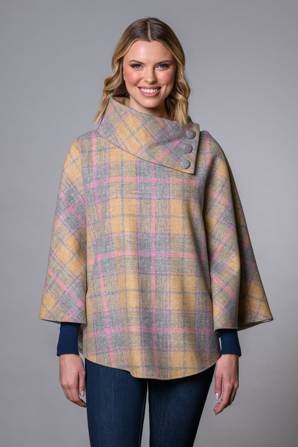 Irish Tweed Poncho - Camel, Grey & Pink Plaid