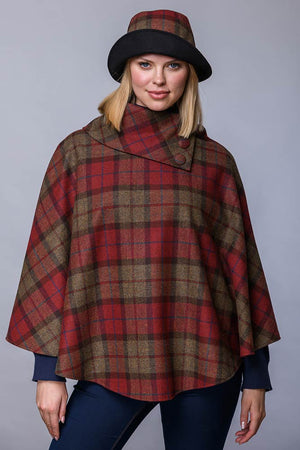 Irish Tweed Poncho - Red & Brown Plaid