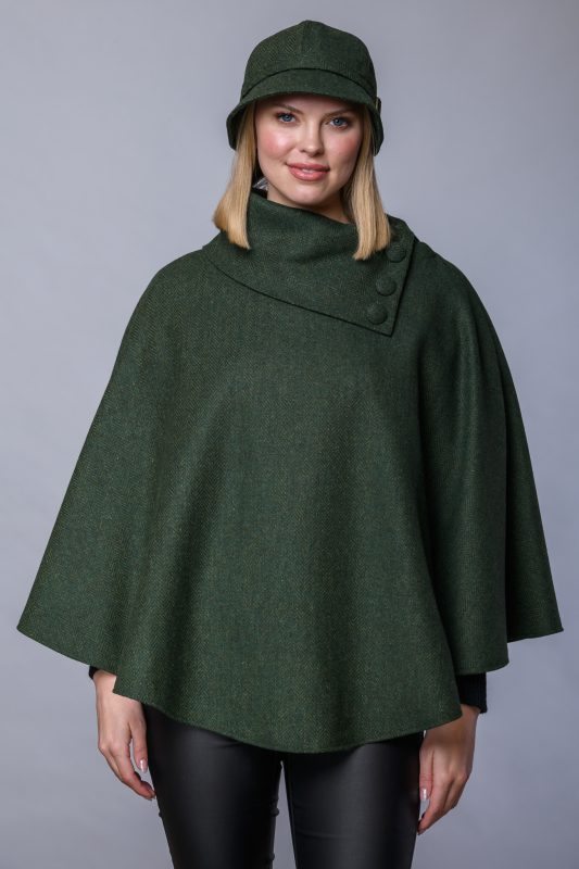 Irish Tweed Poncho - Green Herringbone