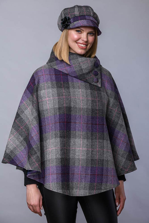 Irish Tweed Poncho - Purple & Grey Plaid