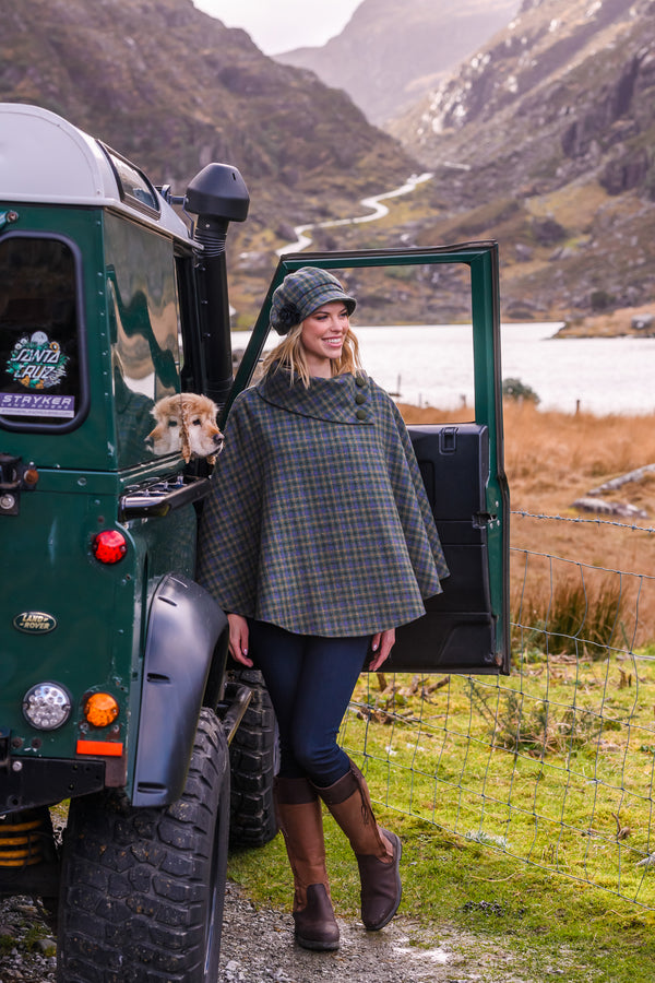 Irish Tweed Poncho - Tan, Green & Purple Check