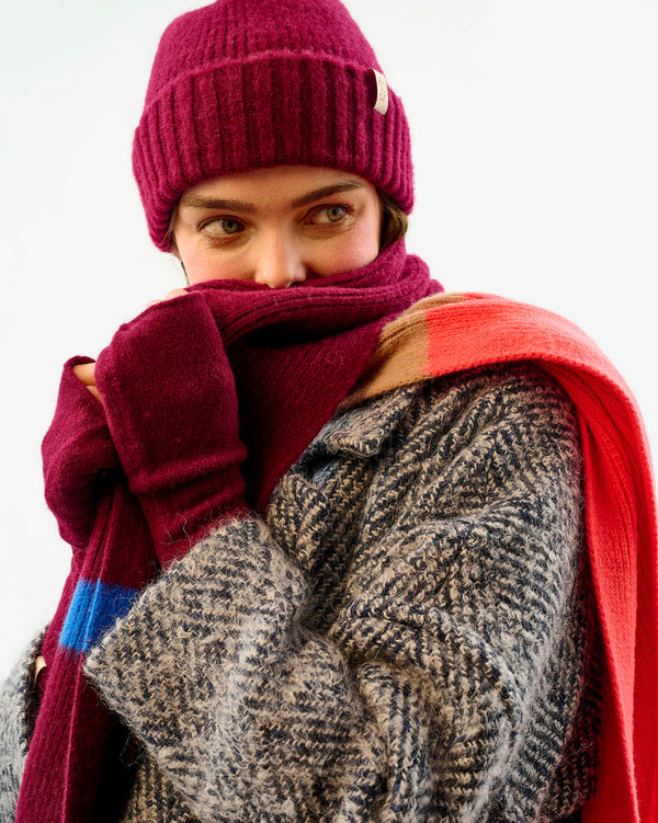 Avoca Lambswool Fingerless Mittens - Bordeaux & Neon Orange