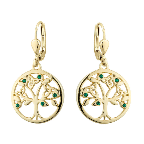 S33907G Gold Plated Crystal Tree of Life Drop Earrings