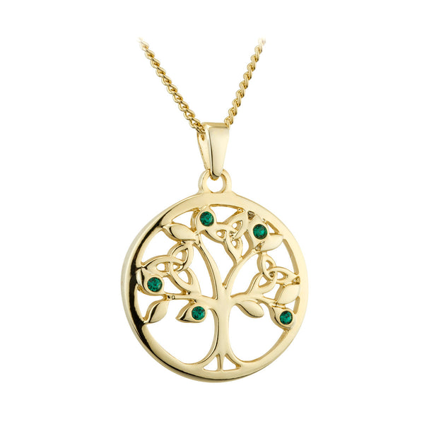 S46353G Gold Plated Green Crystal Tree of Life Pendant