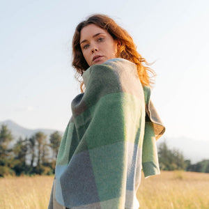 100% Lambswool Sue Cape - Cream, Baby Blue & Green Block Check