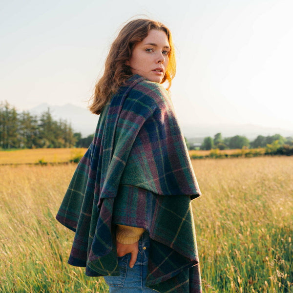 100% Lambswool Sue Cape - Green, Navy & Purple