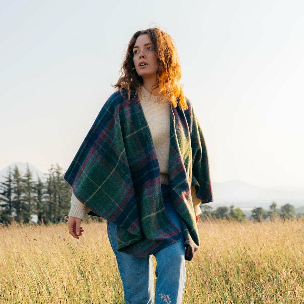 100% Lambswool Sue Cape - Green, Navy & Purple