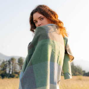 100% Lambswool Sue Cape - Cream, Baby Blue & Green Block Check