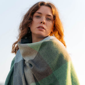 100% Lambswool Sue Cape - Cream, Baby Blue & Green Block Check