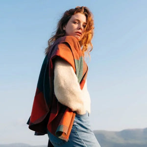 100% Lambswool Sue Cape - Burgundy, Burnt Orange & Teal