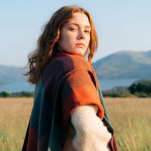 100% Lambswool Sue Cape - Burgundy, Burnt Orange & Teal
