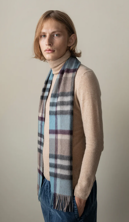 Cashmere Scarf Tartan 2 - Blue & Taupe