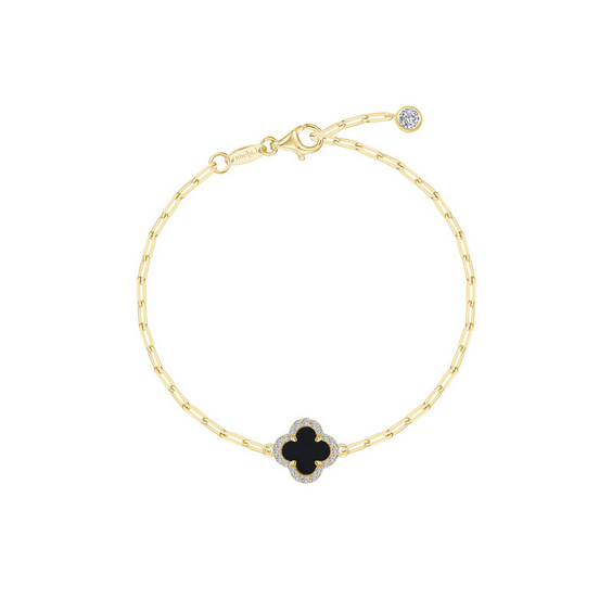 Black Onyx Clover Paperclip Bracelet 6.8"