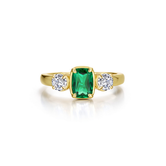 Regal Cushion-Cut Simulated Emerald & Diamond Ring