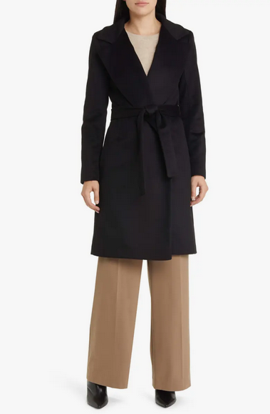 Wool Peak Lapel Wrap Mid Length Coat - Midnight Blue