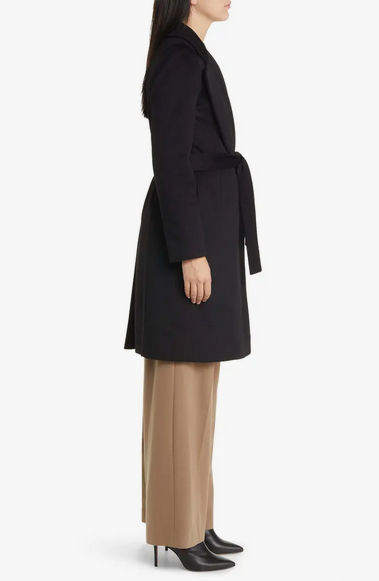 Wool Peak Lapel Wrap Mid Length Coat - Midnight Blue