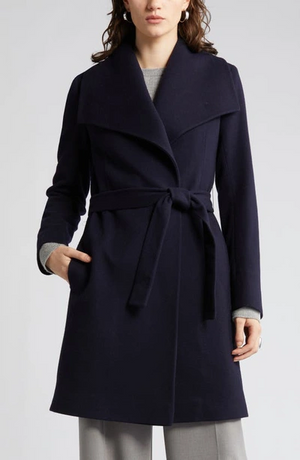 Wool Peak Lapel Wrap Mid Length Coat - Midnight Blue