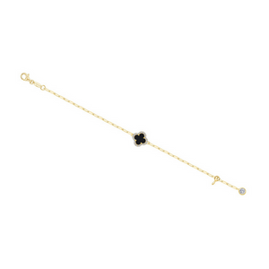 Black Onyx Clover Paperclip Bracelet 6.8"