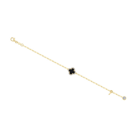 Black Onyx Clover Paperclip Bracelet 6.8"
