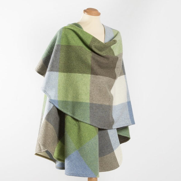 100% Lambswool Sue Cape - Cream, Baby Blue & Green Block Check