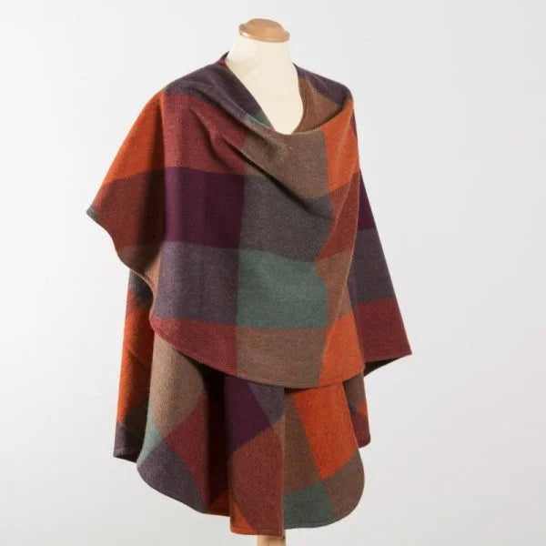 100% Lambswool Sue Cape - Burgundy, Burnt Orange & Teal