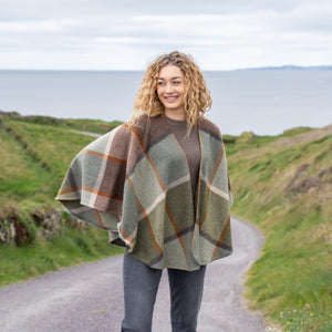 100% Lambswool Sue Cape - Green, Brown, Orange & Cream Check