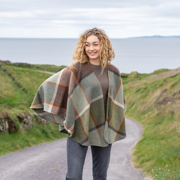 100% Lambswool Sue Cape - Green, Brown, Orange & Cream Check