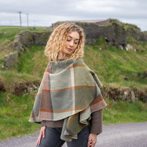 100% Lambswool Sue Cape - Green, Brown, Orange & Cream Check