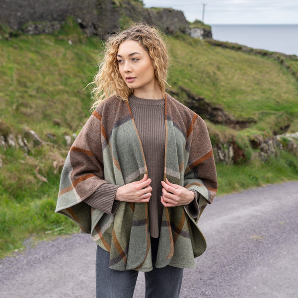 100% Lambswool Sue Cape - Green, Brown, Orange & Cream Check