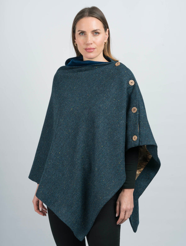 Tweed Poncho w/ Buttons - Navy Herringbone