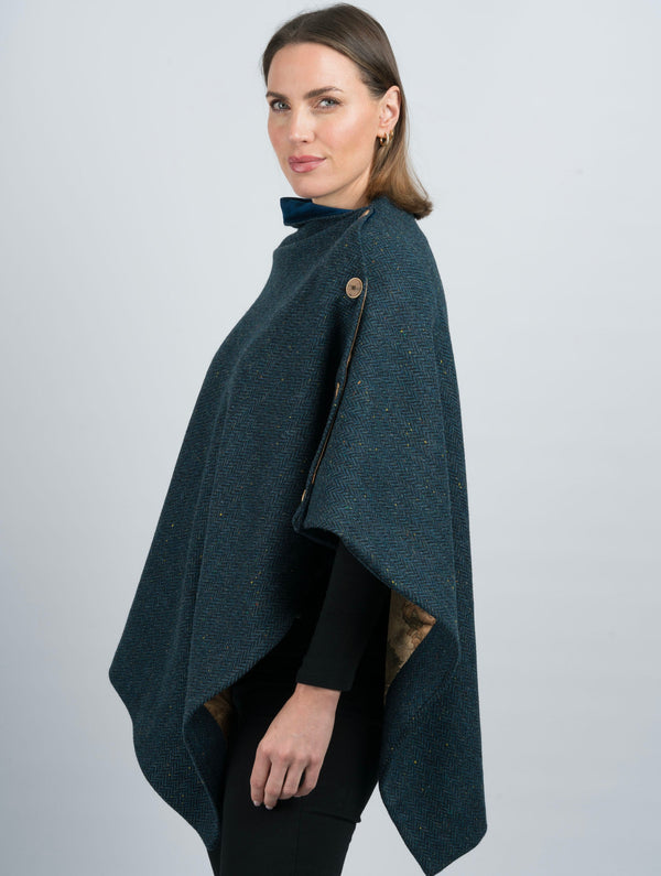 Tweed Poncho w/ Buttons - Navy Herringbone