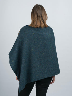 Tweed Poncho w/ Buttons - Navy Herringbone