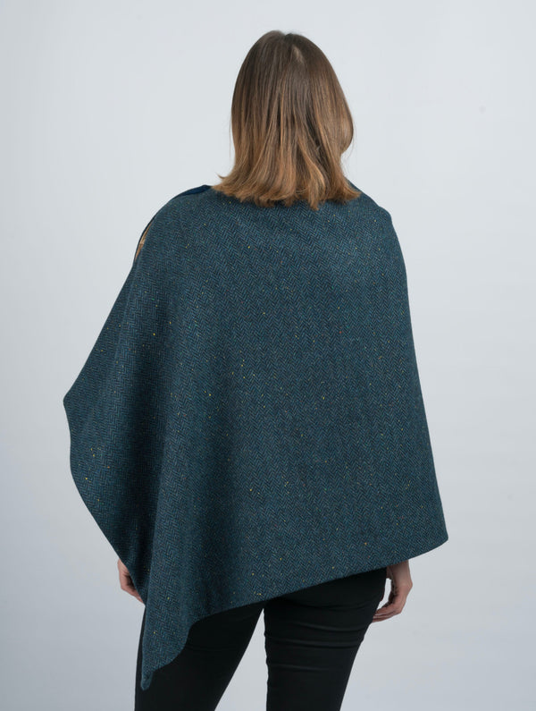 Tweed Poncho w/ Buttons - Navy Herringbone