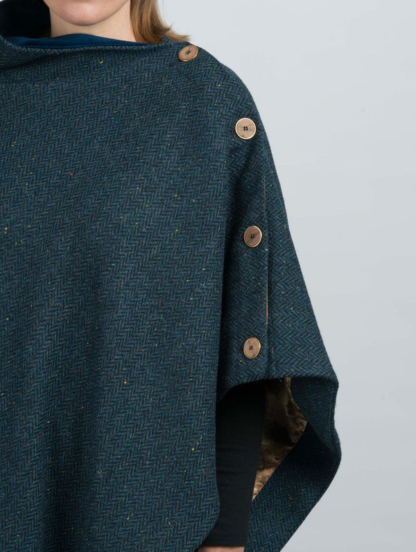 Tweed Poncho w/ Buttons - Navy Herringbone