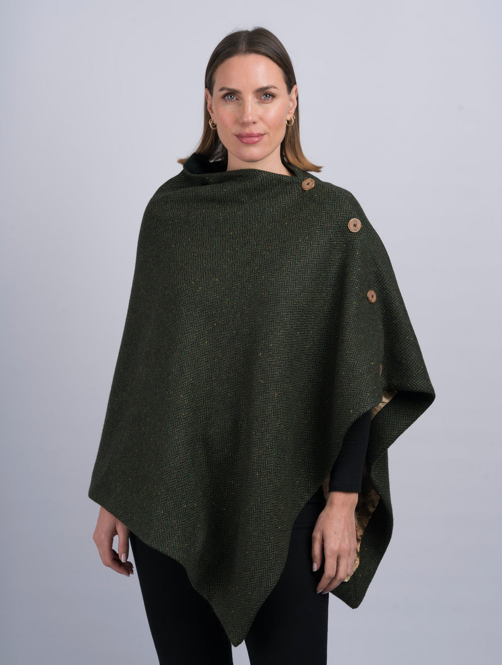 Tweed Poncho w/ Buttons - Green Herringbone