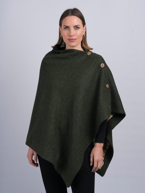 Tweed Poncho w/ Buttons - Green Herringbone