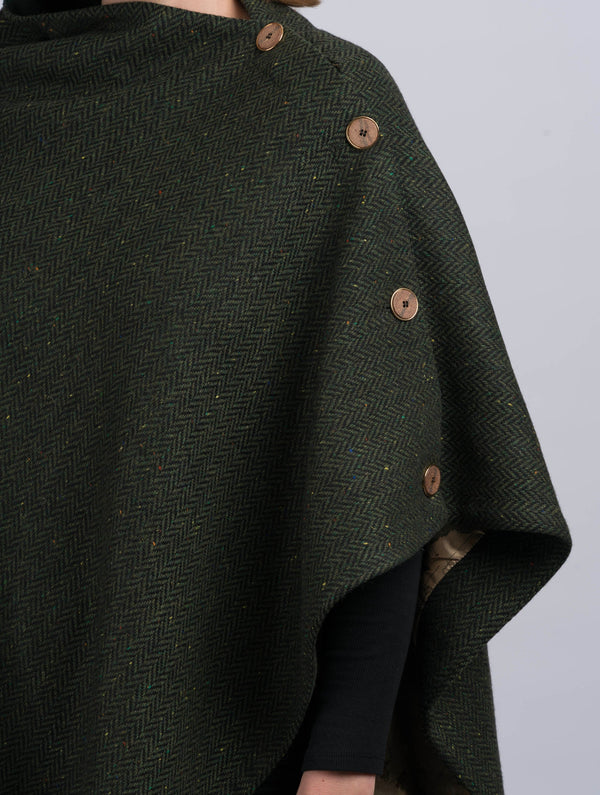 Tweed Poncho w/ Buttons - Green Herringbone